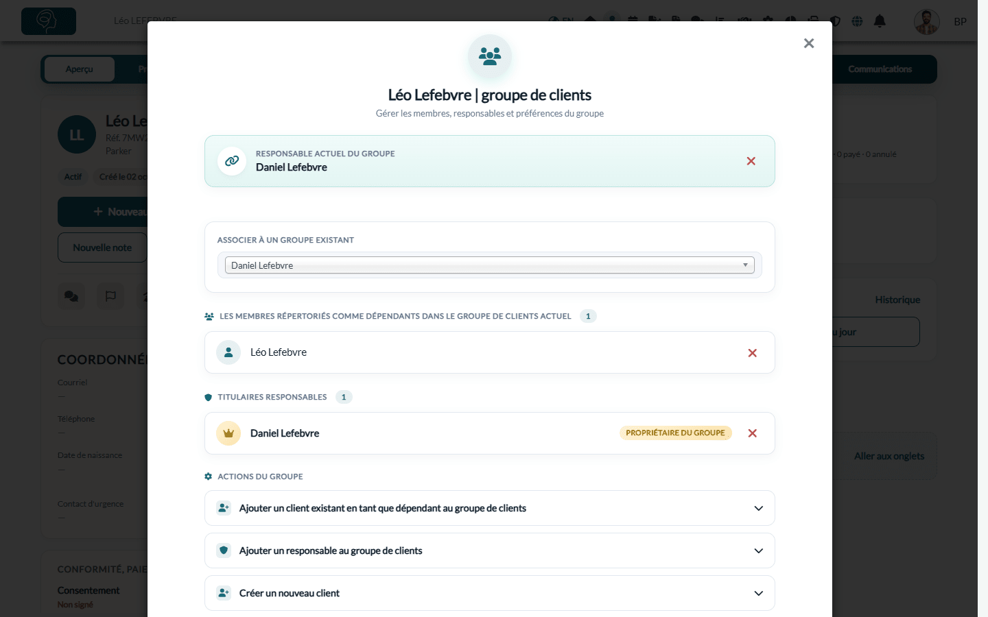 Fenêtre du groupe de clients d'un dépendant, avec le responsable actuel du groupe