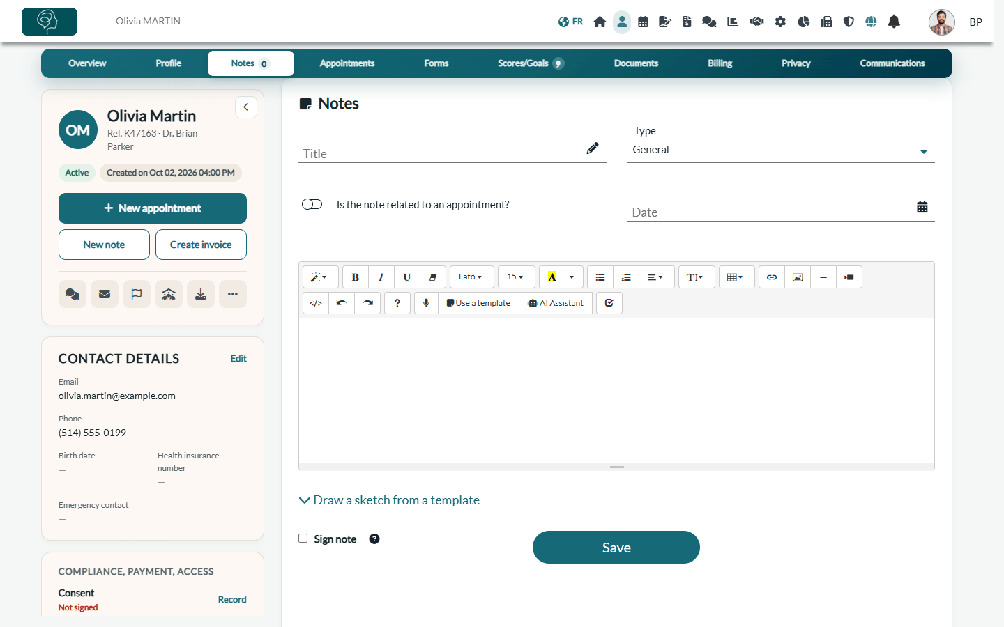 Note editor in the Notes tab of a client record, with Use a template and AI Assistant