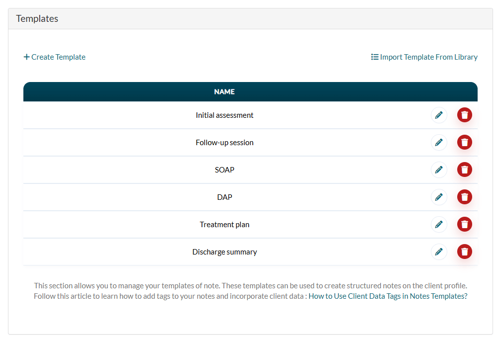 Templates section of Settings > Notes with Create Template and Import Template From Library