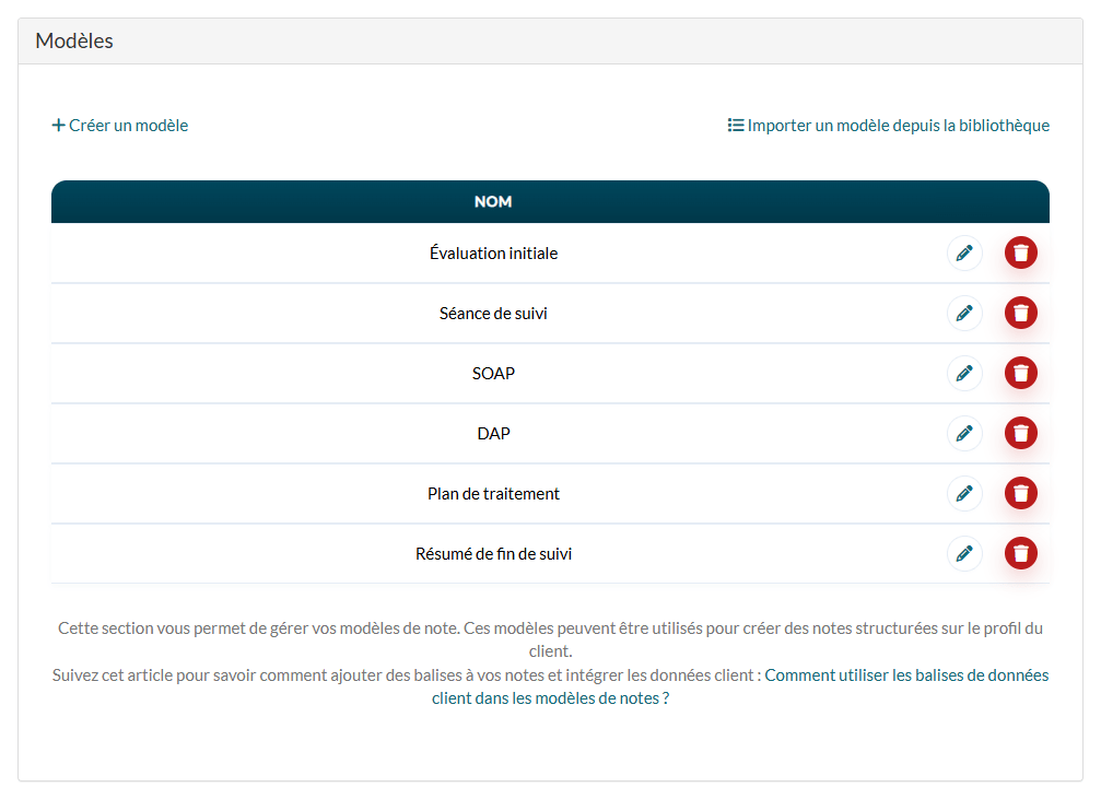 Section Modèles de Réglages > Notes avec Créer un modèle et Importer un modèle depuis la bibliothèque