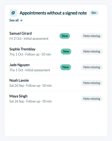 Appointments without a signed note card on the home page