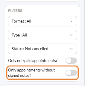 Only appointments without signed notes filter of the scheduler