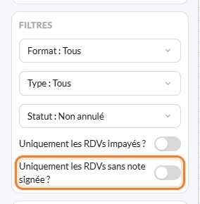 Filtre Uniquement les RDVs sans note signée de l'horaire