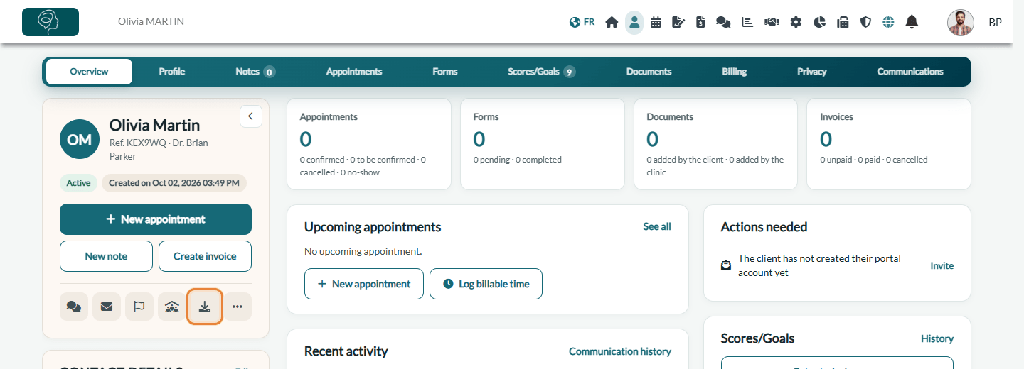 Download icon in the client record