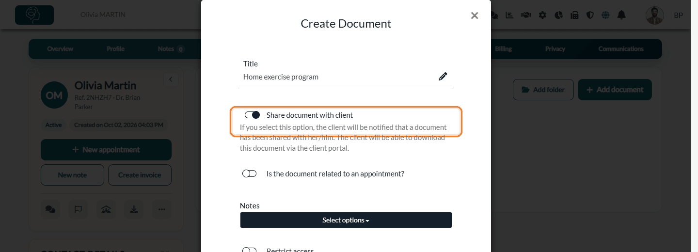 Share document with client option in the Create Document window