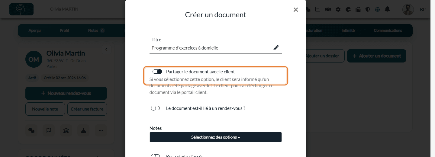 Option Partager le document avec le client dans la fenêtre Créer un document
