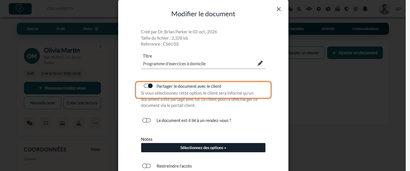 Fenêtre Modifier le document avec l'option de partage activée