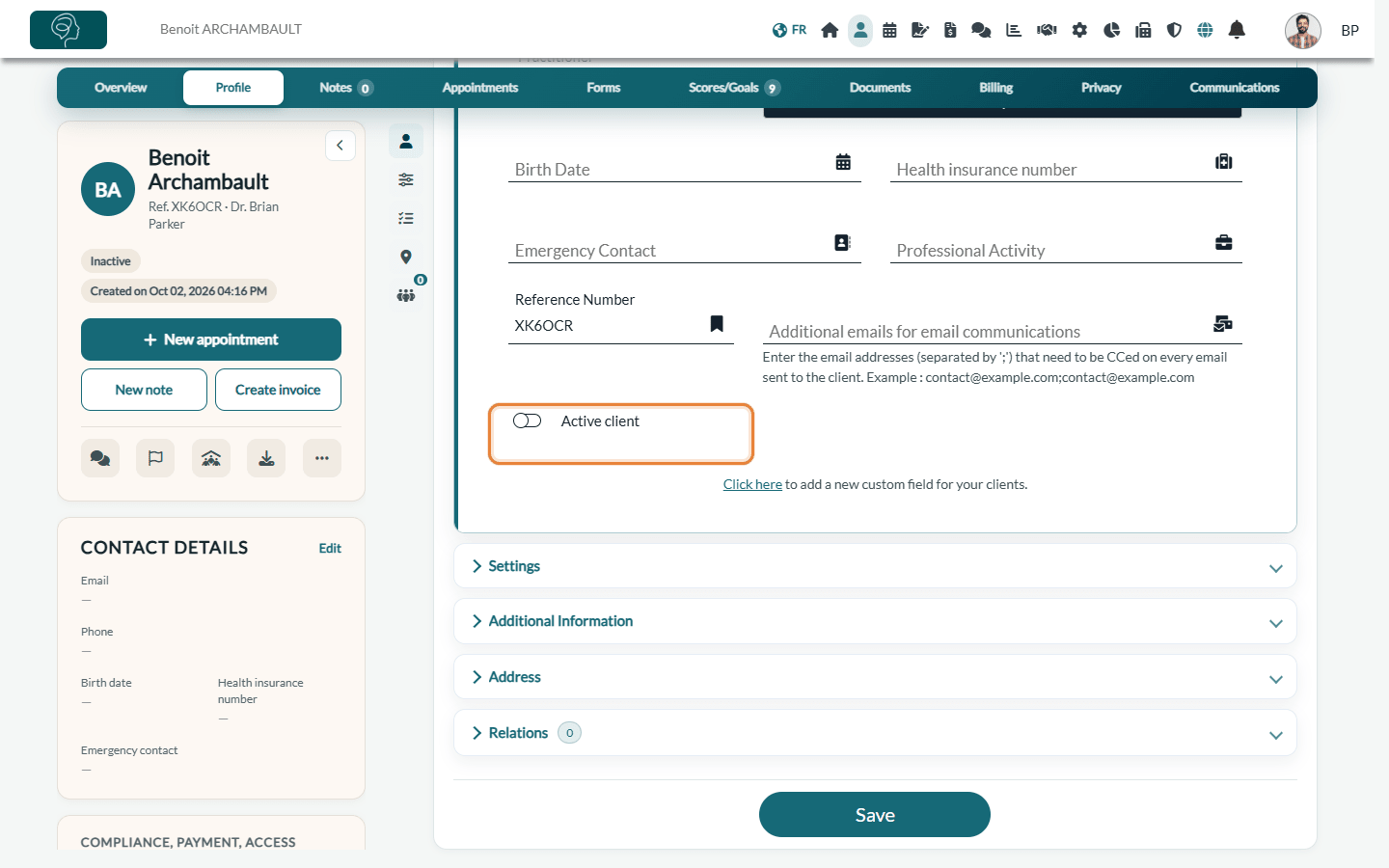 Active client option turned off in the General Information section of the Profile tab