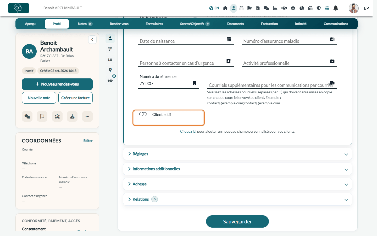 Option Client actif désactivée dans la section Informations générales de l'onglet Profil