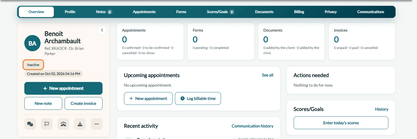 Inactive badge under the client's name in the client record