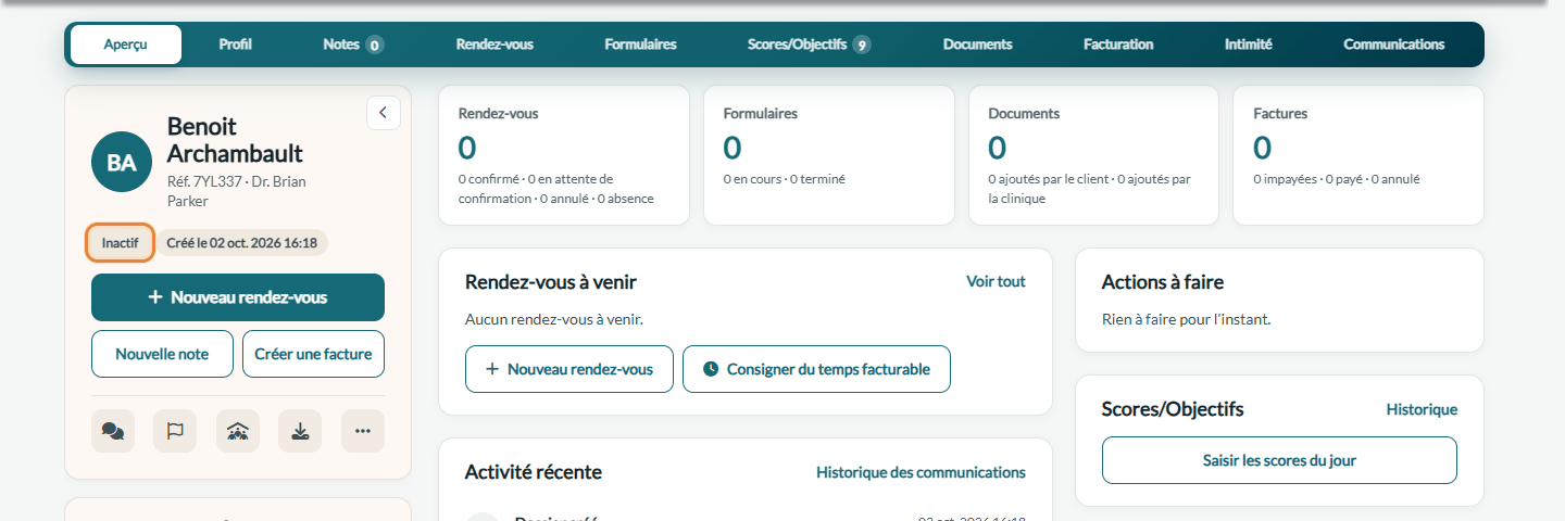 Pastille Inactif sous le nom du client dans le dossier client