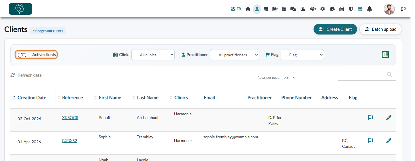 Active clients filter turned off in the client list, showing the archived clients