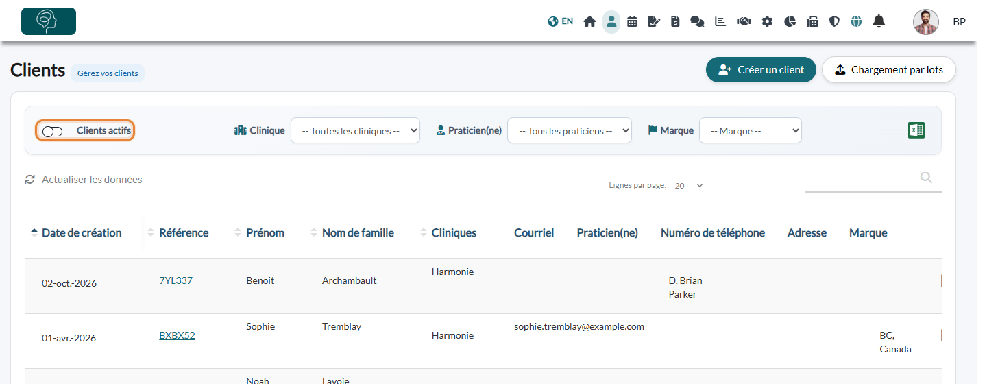 Filtre Clients actifs désactivé dans la liste des clients, qui affiche les clients archivés