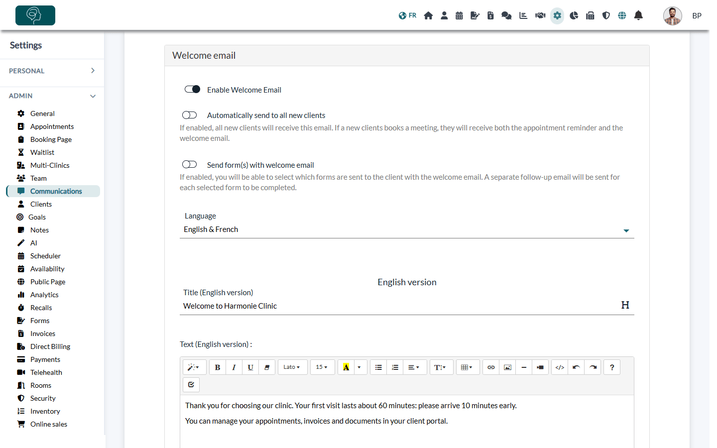 Welcome email section in Settings > Communications