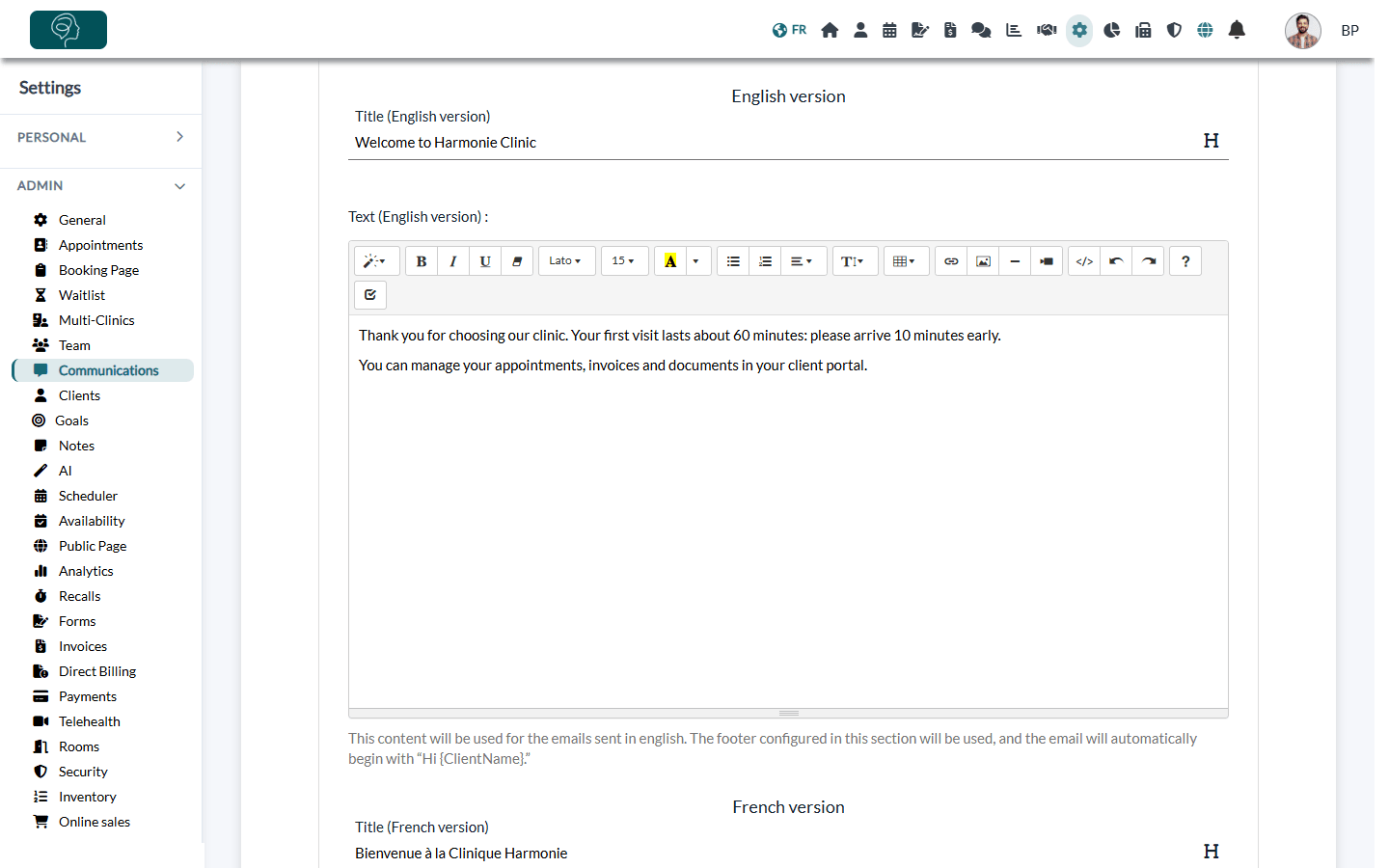 Title and text of the English version of the welcome email