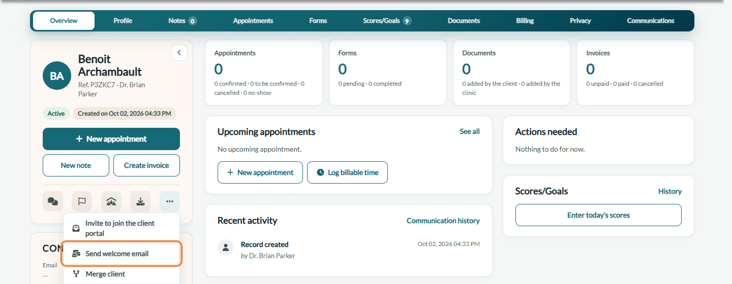Send welcome email in the More actions menu of the client record