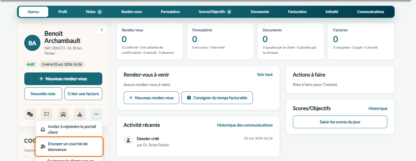 Envoyer un courriel de bienvenue dans le menu Plus d'actions du dossier client