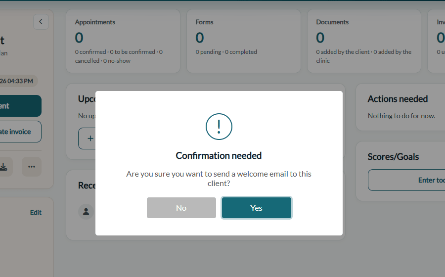 Confirmation window before sending the welcome email