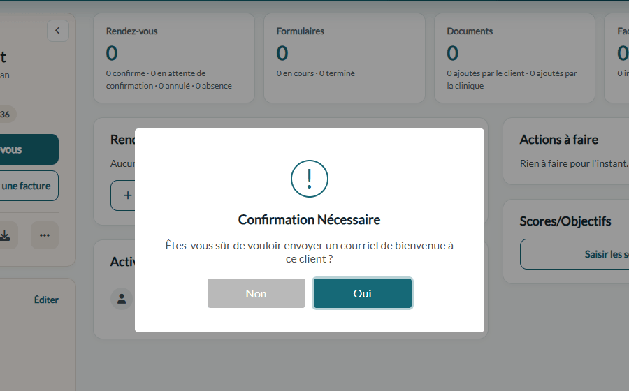 Fenêtre de confirmation avant l'envoi du courriel de bienvenue