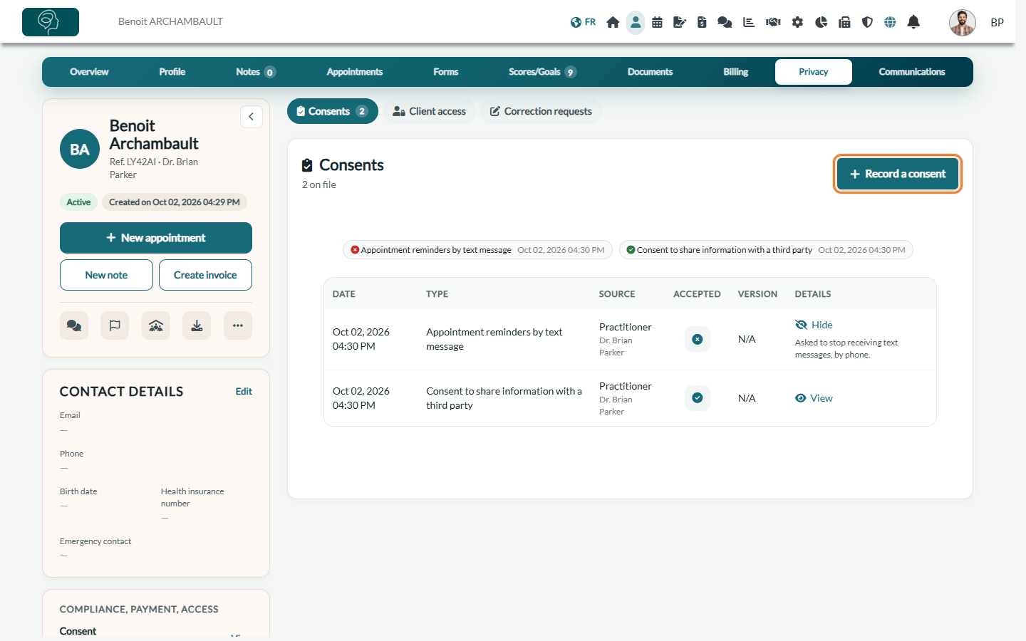 Consents section of the Privacy tab: current-state badges and history table