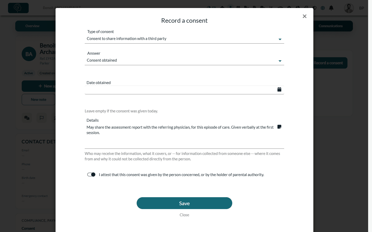Record a consent window filled in