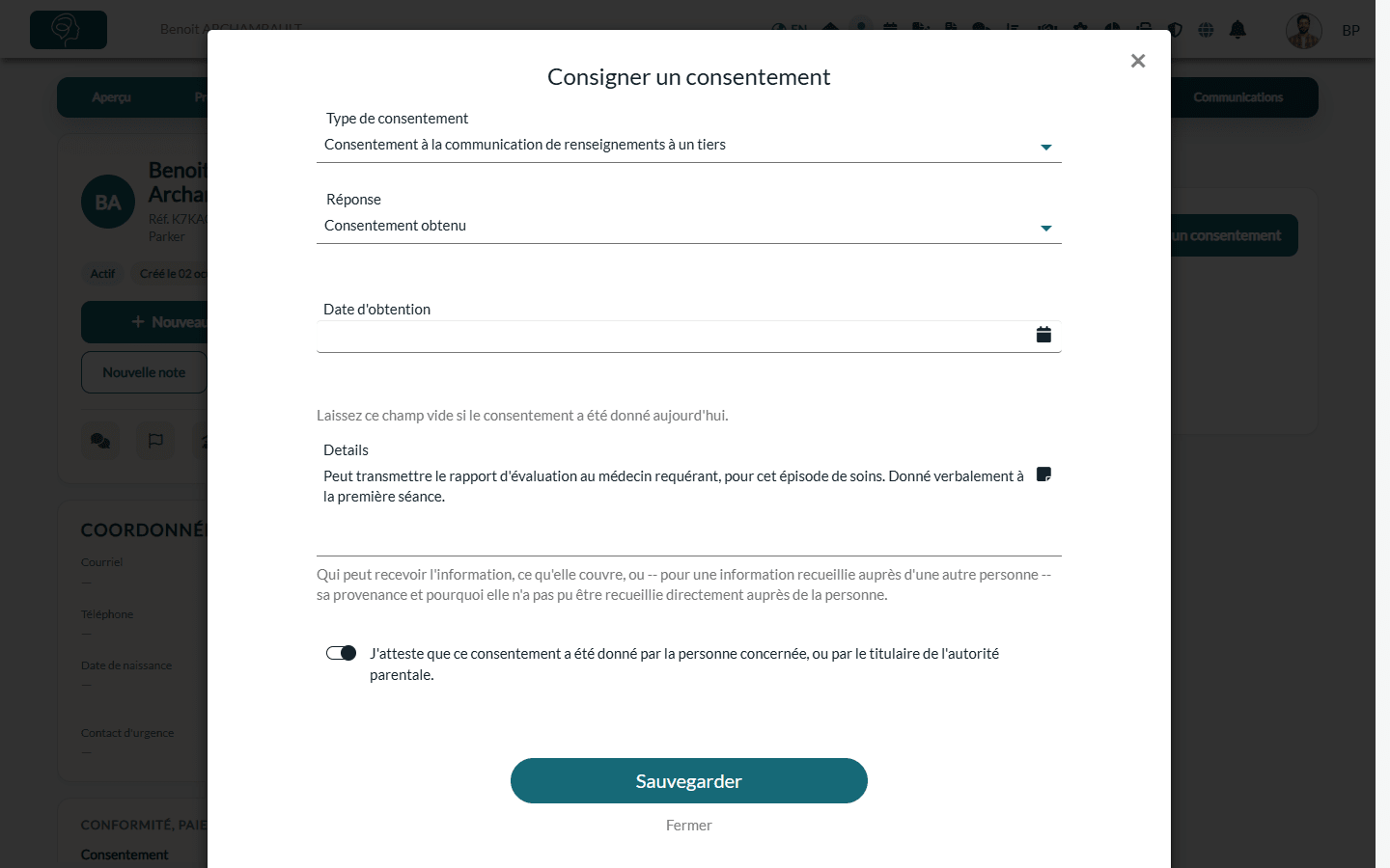 Fenêtre Consigner un consentement remplie