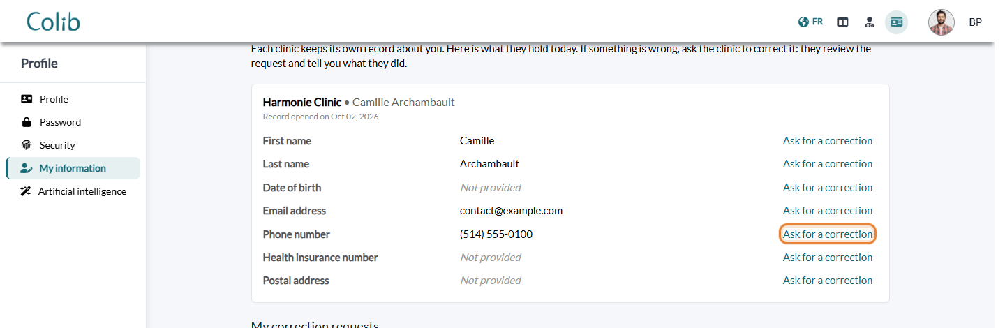 My information page of the client portal with the Ask for a correction links
