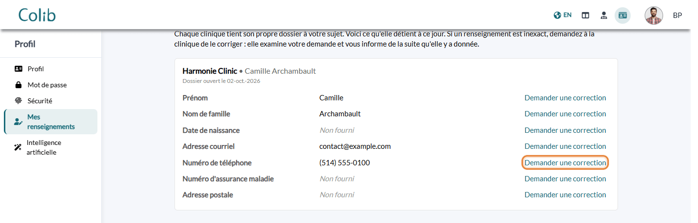 Page Mes renseignements du portail client avec les liens Demander une correction