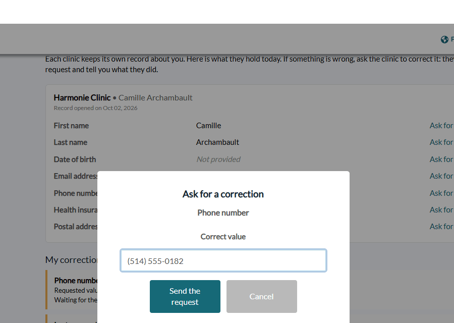 Ask for a correction window: correct value typed by the client