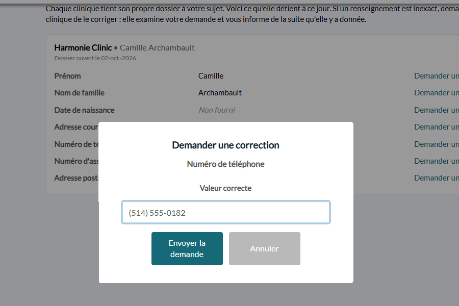 Fenêtre Demander une correction : valeur correcte saisie par le client