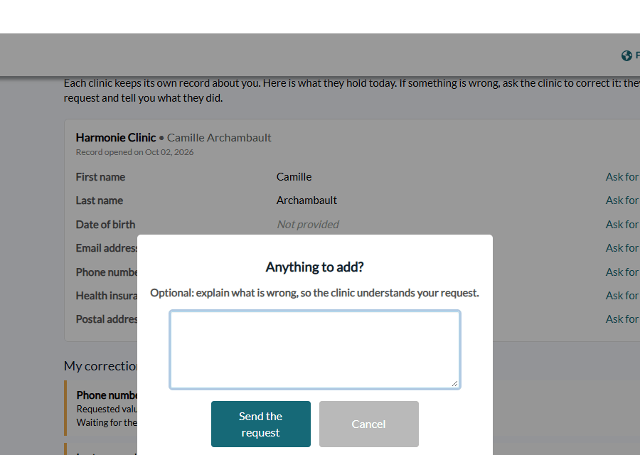 Optional comment added by the client before sending the request