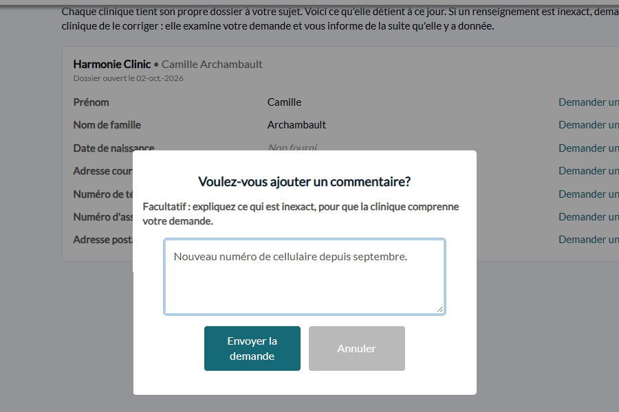 Commentaire facultatif ajouté par le client avant l'envoi de la demande