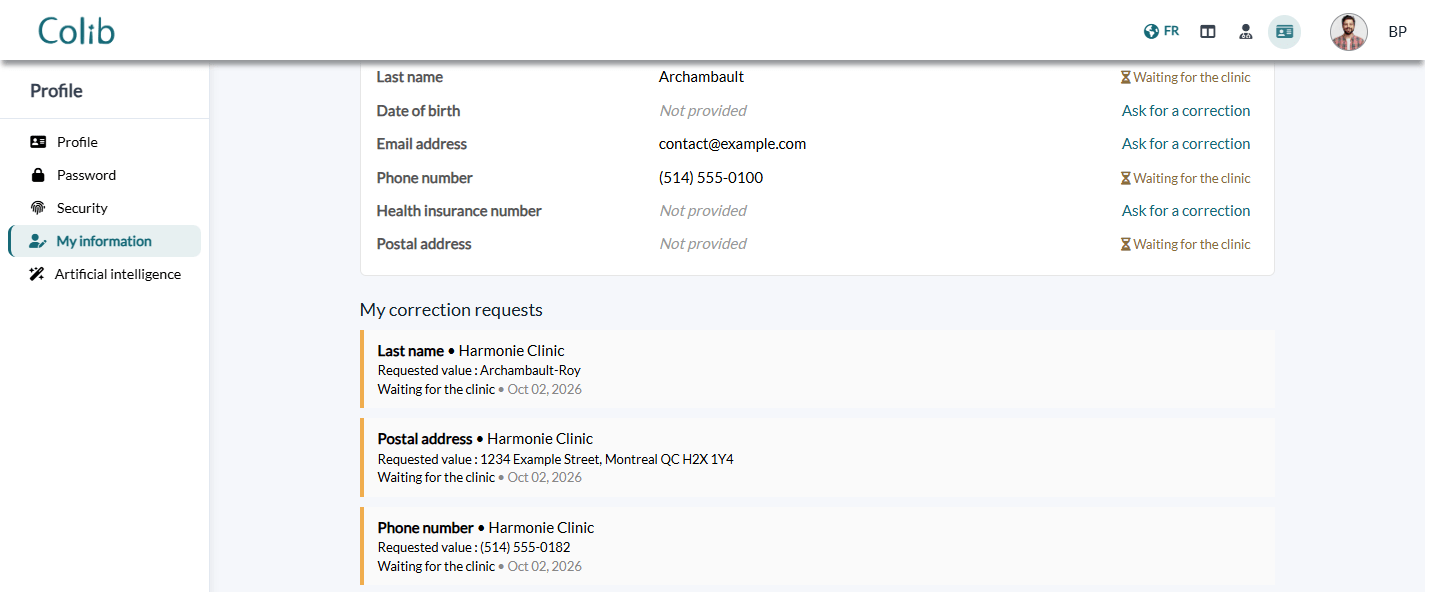 Requests waiting for the clinic in the client portal
