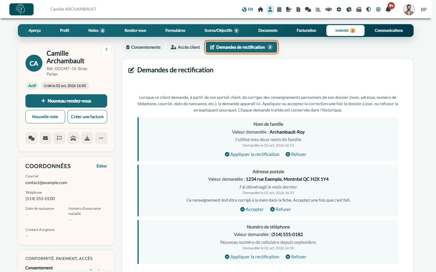 Demandes de rectification en attente dans l'onglet Intimité du dossier client