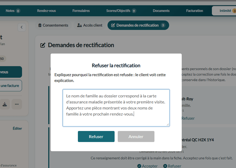 Fenêtre Refuser la rectification avec l'explication que lira le client