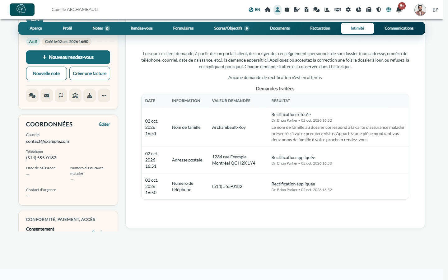 Tableau Demandes traitées avec une rectification appliquée et une rectification refusée