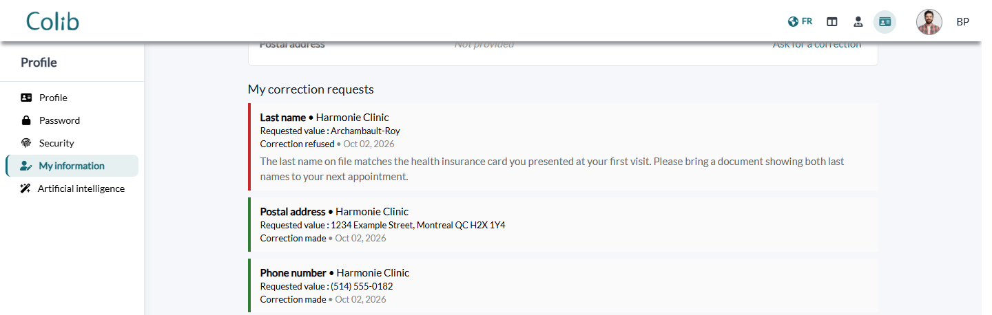 Results of the correction requests: correction made or refused with the clinic's explanation