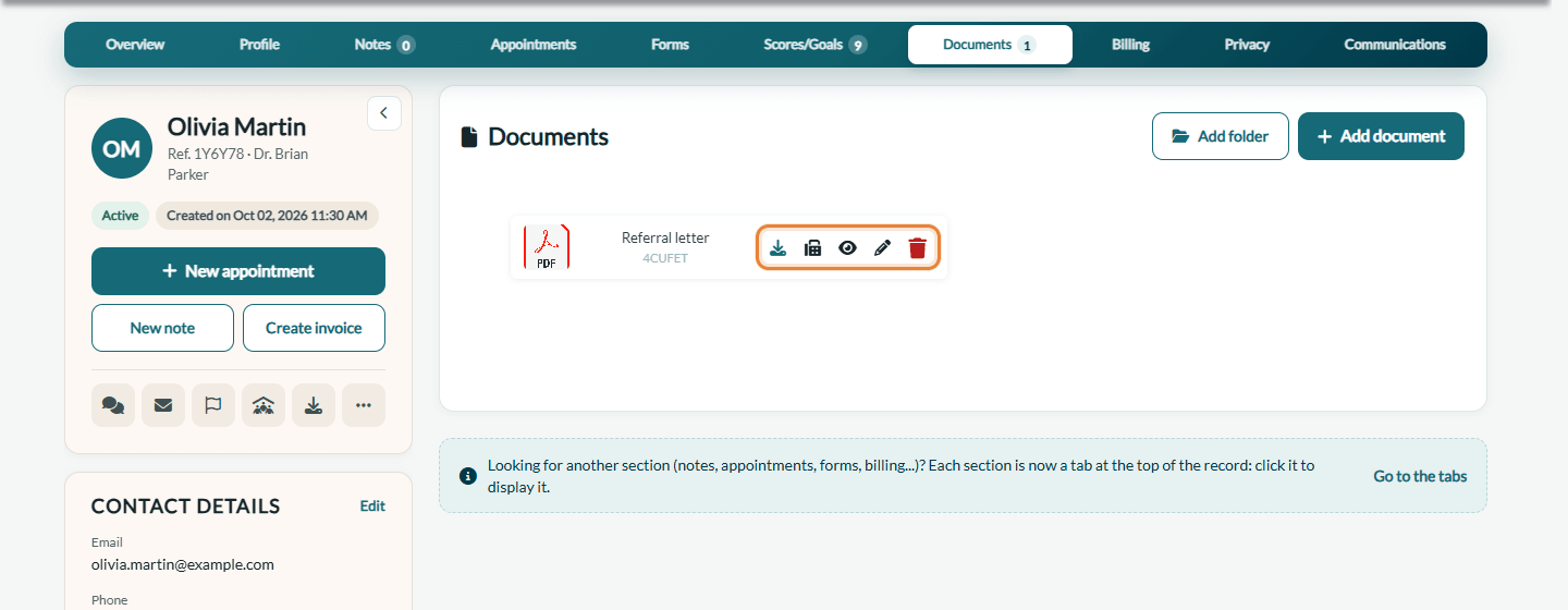 Action icons of a document