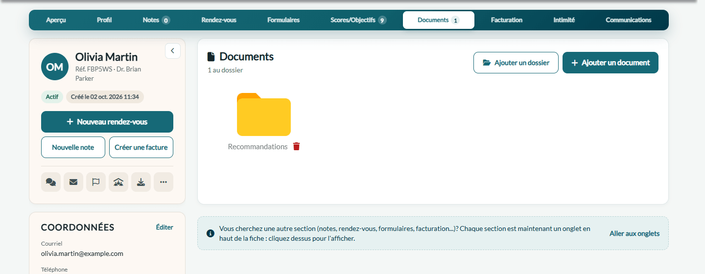 Dossiers dans l'onglet Documents