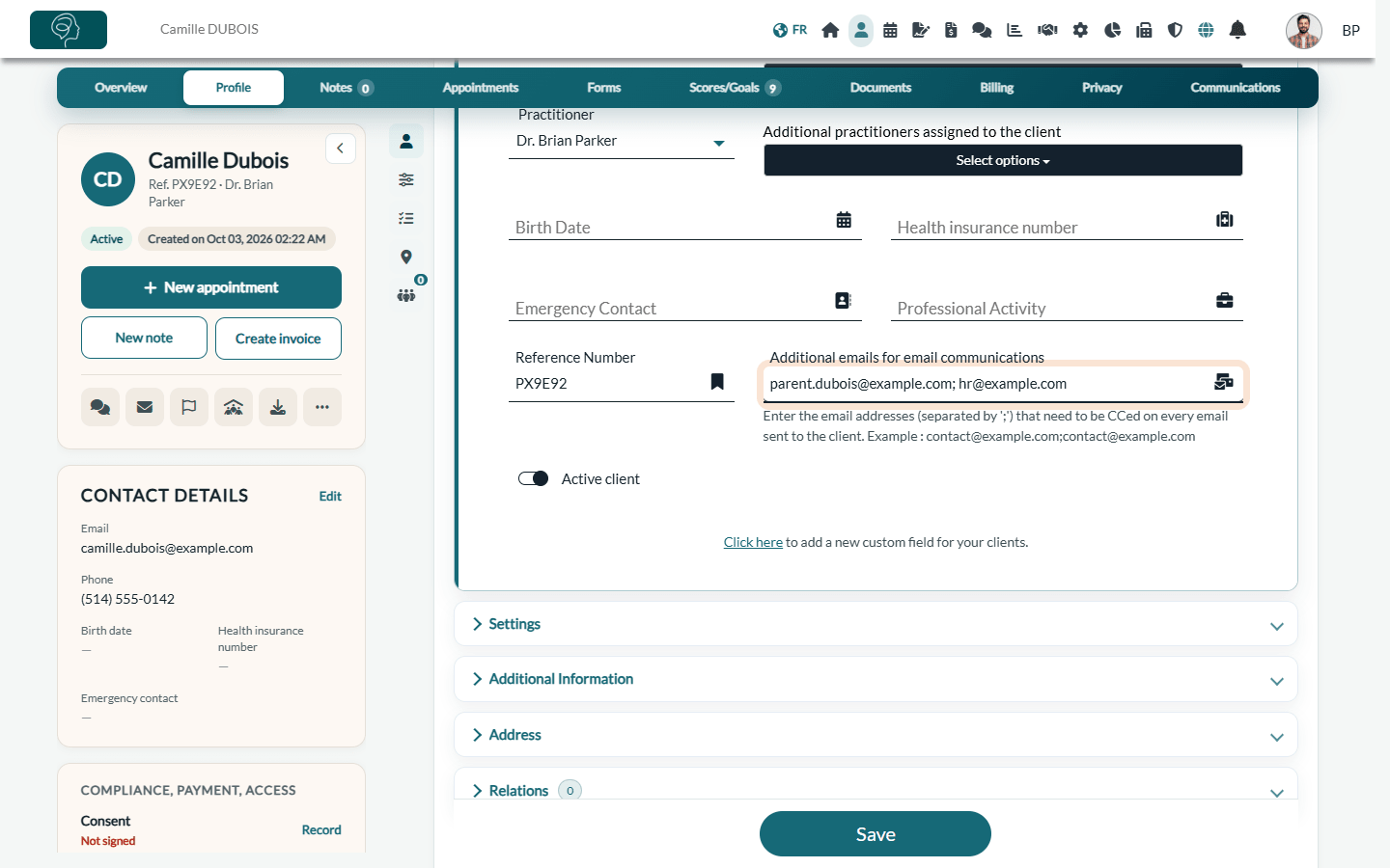 Additional emails for email communications field in the Profile tab of a client record