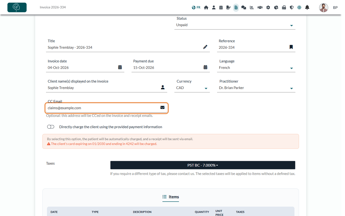 CC Email field of an invoice