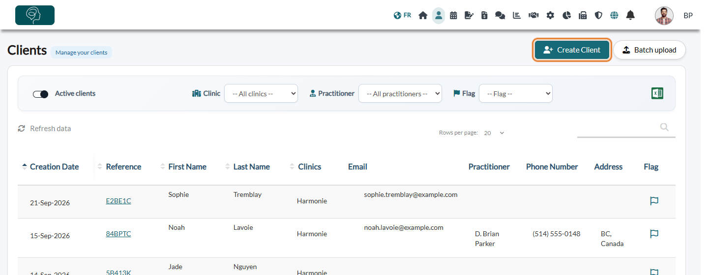 Create Client button on the Clients page