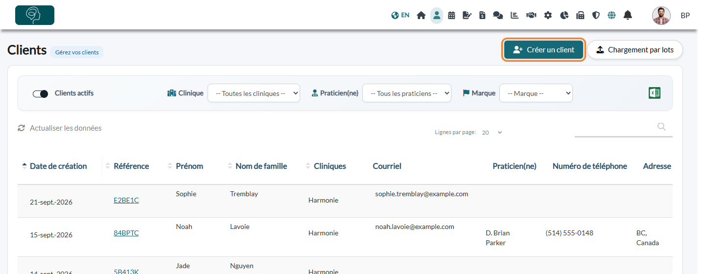 Bouton Créer un client de la page Clients