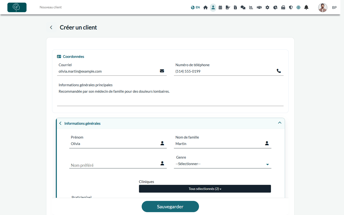 Formulaire Créer un client avec les coordonnées et les informations générales