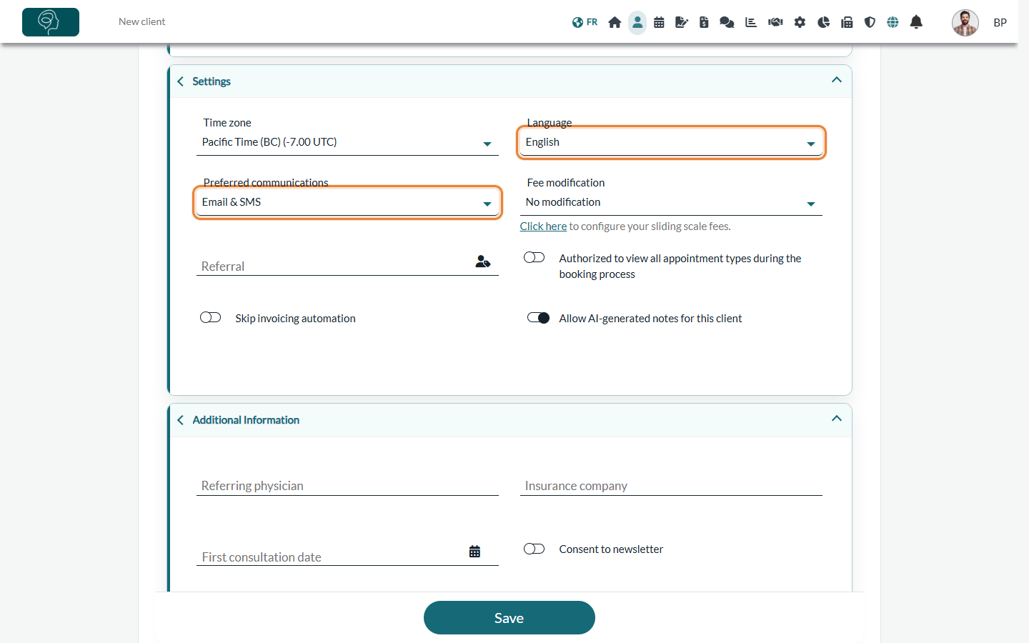 Language and Preferred communications fields in the Settings section