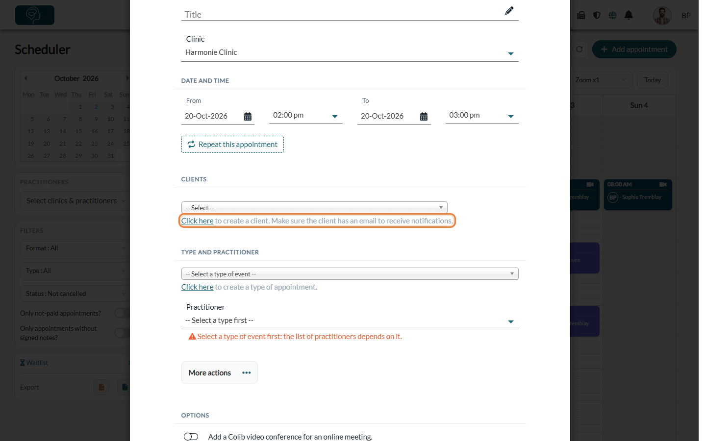 Click here to create a client link in the appointment window