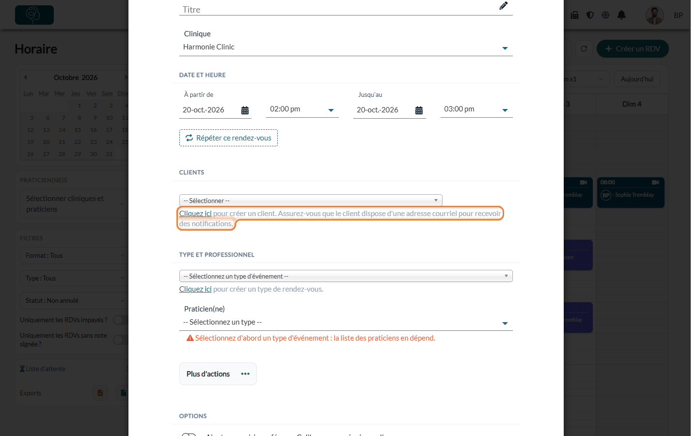 Lien Cliquez ici pour créer un client dans la fenêtre du rendez-vous