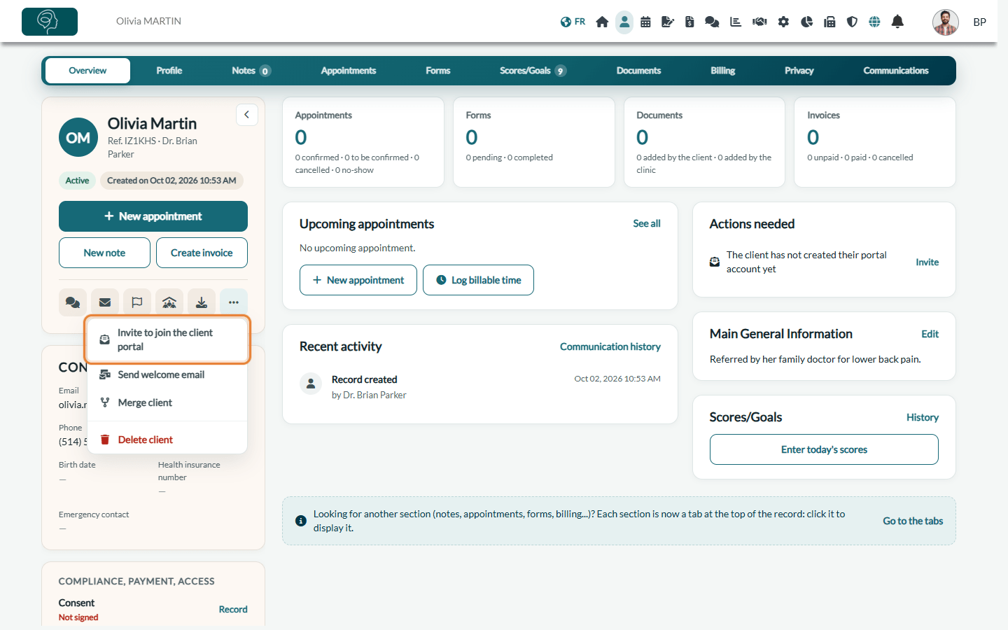 Invite to join the client portal in the More actions menu of the client record