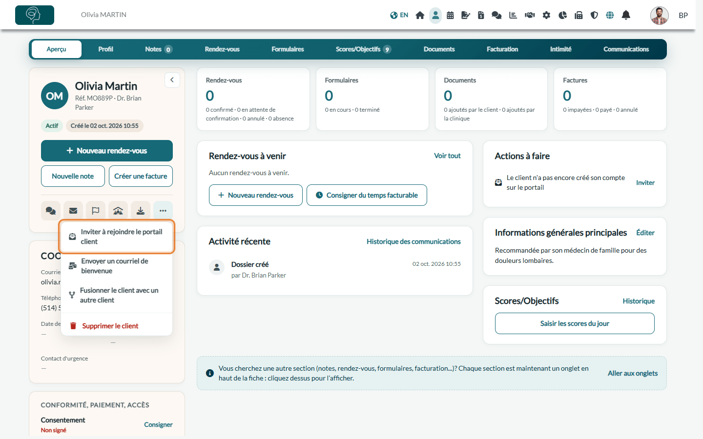 Inviter à rejoindre le portail client dans le menu Plus d'actions du dossier client