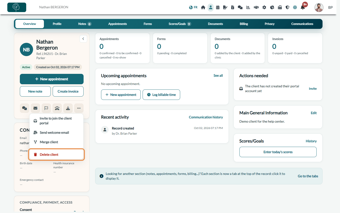 More actions menu of a client record with the Delete client option